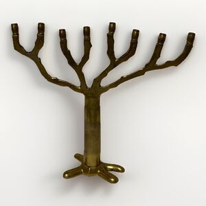 Vintage Solid Brass MCM Brutalist Style Tree Of Life Menora Judaica 10” Patina